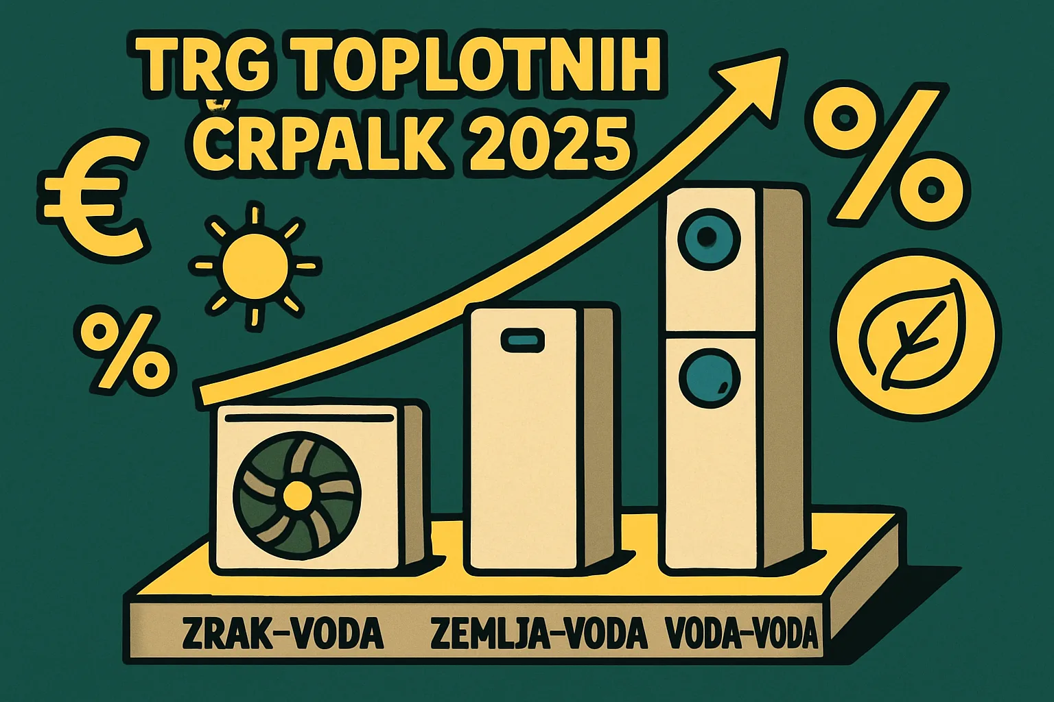 Trg toplotnih črpalk 2025 Ilustracija trendov na trgu toplotnih črpalk za leto 2025, ki prikazuje zračno-vodne, zemeljsko-vodne in vodno-vodne toplotne črpalke z rastjočimi puščicami, simboli evra, odstotki in ikono okoljske prijaznosti.