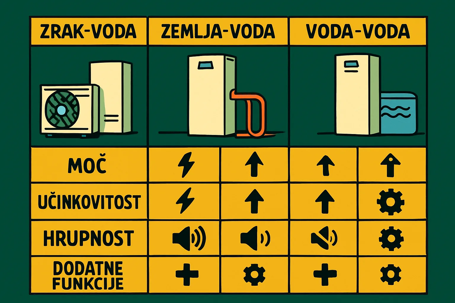Toplotna črpalka cene - primerjava Primerjava zračno-vodne, zemeljsko-vodne in vodno-vodne toplotne črpalke z ikonami za moč, učinkovitost, hrupnost in dodatne funkcije, povezane s cenami toplotnih črpalk.