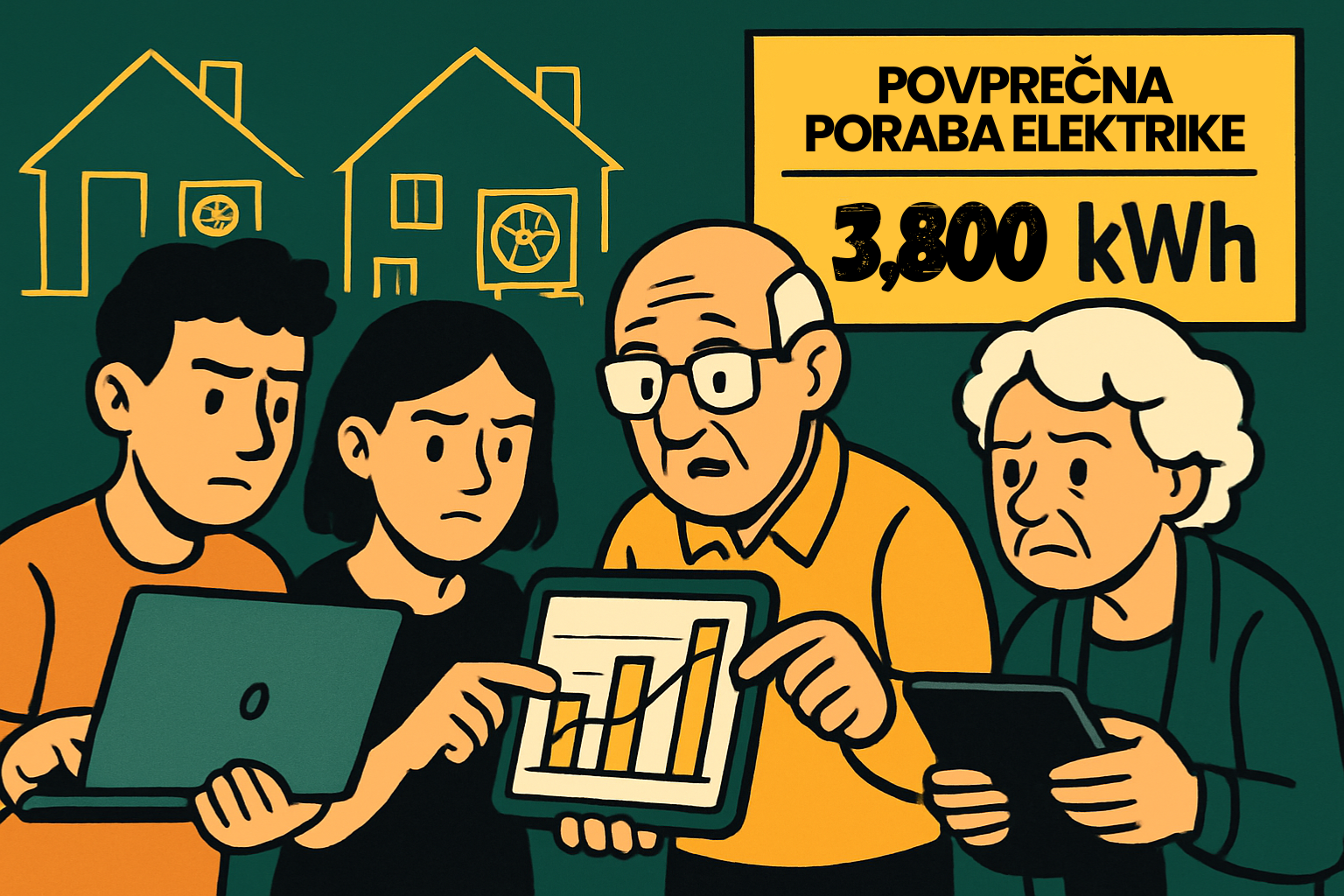 Toplotna črpalka poraba elektrike forum Ilustracija družine, ki pregleduje grafe porabe elektrike na tablicah, z označenim povprečjem 3.800 kWh, obkrožena s hišami z toplotnimi črpalkami, povezano s forumom o porabi elektrike.