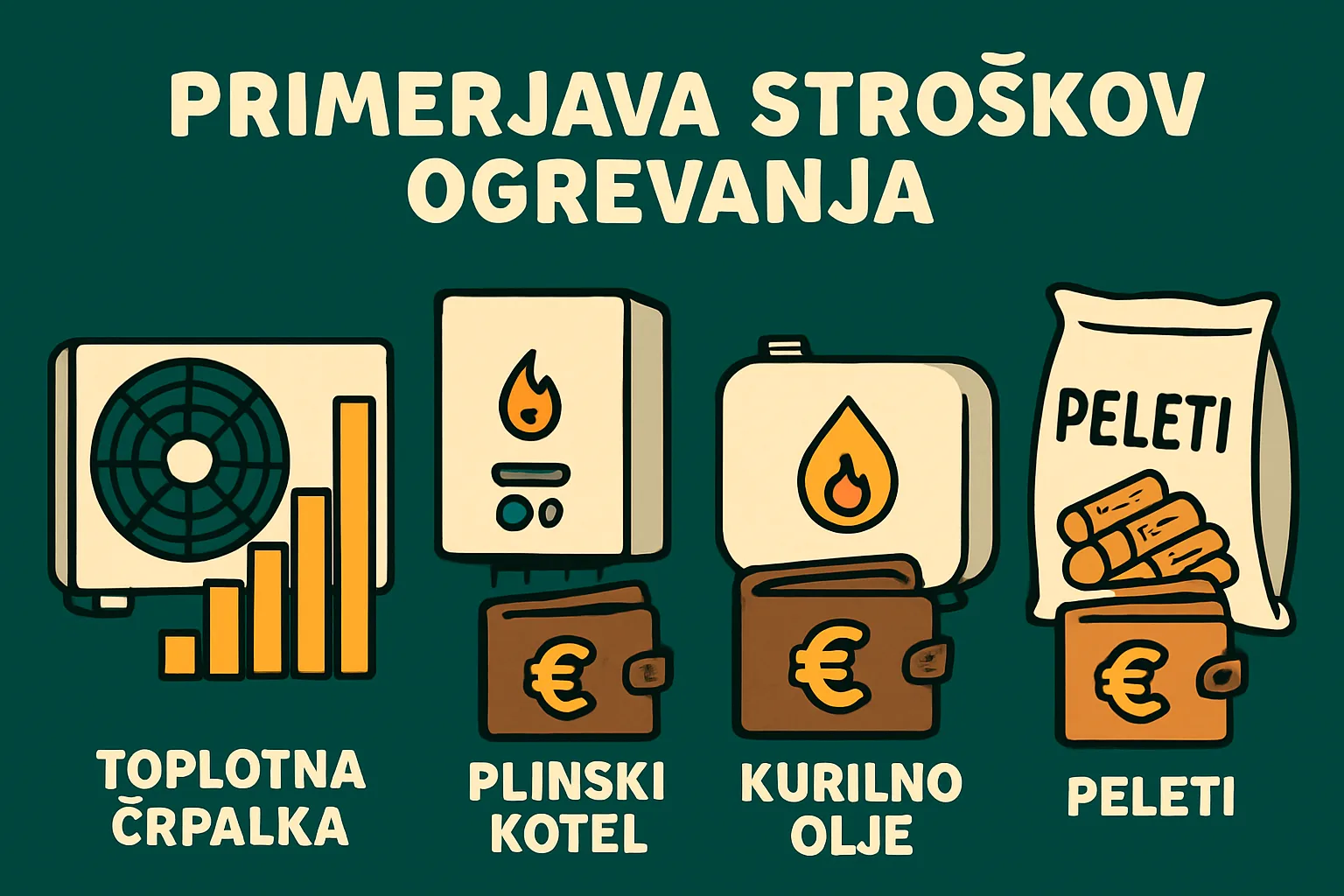 Toplotna Črpalka Cene - 3 Primerjava stroškov Ilustracija primerjave stroškov ogrevanja z toplotno črpalko, plinskim kotlom, kurilnim oljem in peleti, z grafi in denarnicami za prikaz stroškov.