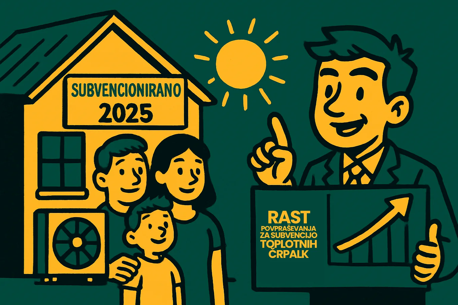 Ilustracija družine pred hišo z napisom Subvencijrano 2025 in toplotno črpalko, ter svetovalca z grafom rasti subvencij za toplotne črpalke.
