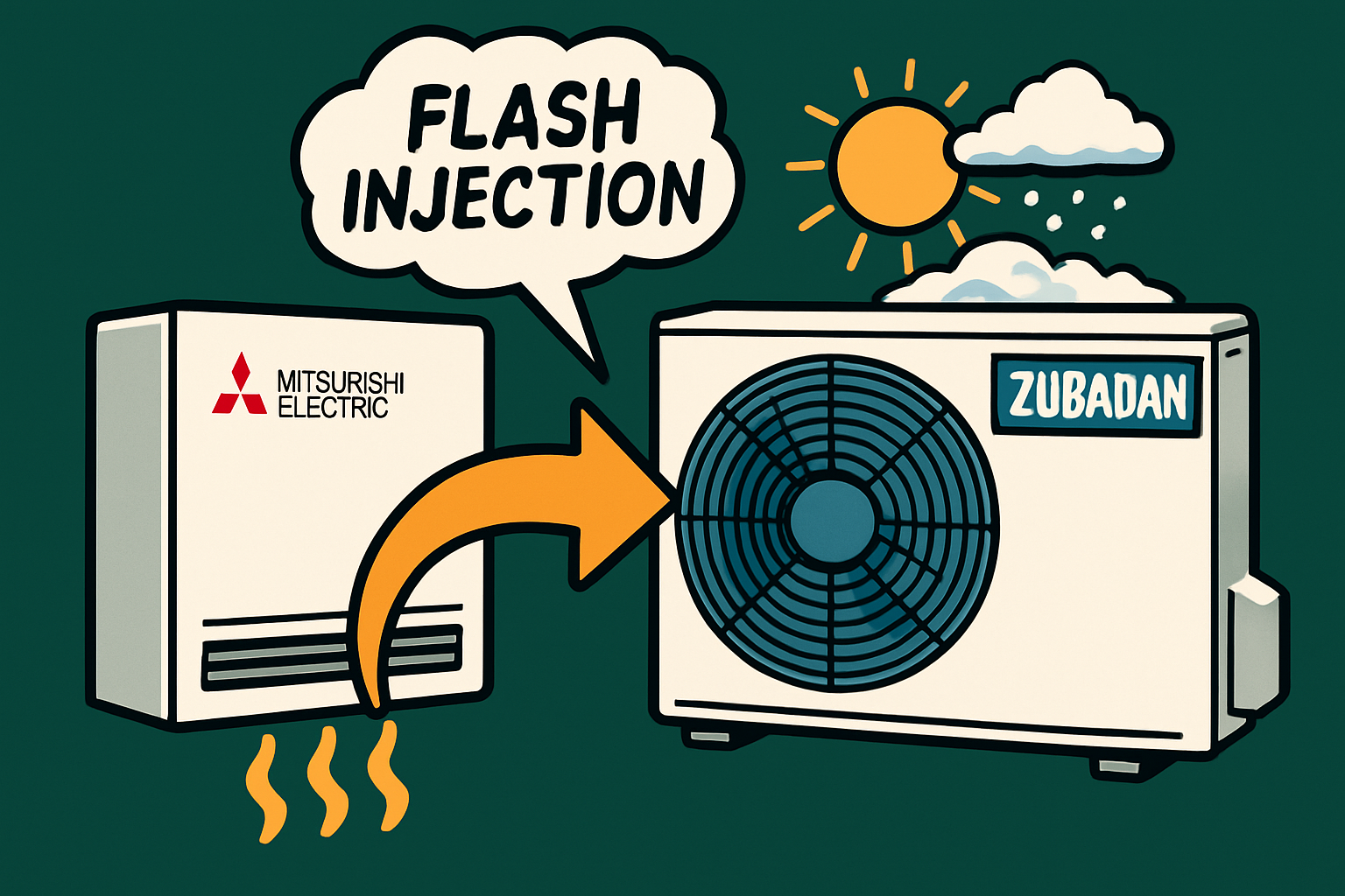Ilustracija Mitsubishi Electric Zubadan toplotne črpalke z napredno tehnologijo Flash Injection, ki deluje v različnih vremenskih razmerah s soncem in snegom v ozadju.