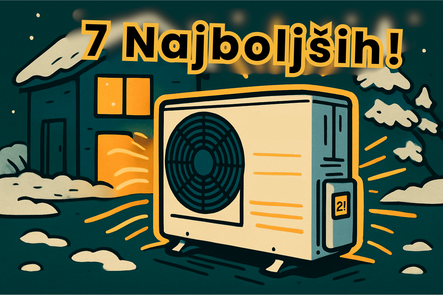 Živahna ilustracija zimske scene z domom in moderno toplotno črpalko, ki sveti v ospredju, z napisom "7 Najboljših!" na temo 7 najboljših toplotnih črpalk za ogrevanje.