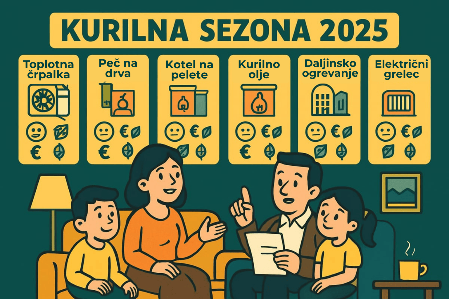 Primerjava ogrevalnih sistemov: toplotna črpalka, peč na drva, kotel na pelete, kurilno olje, daljinsko ogrevanje in električni grelec.