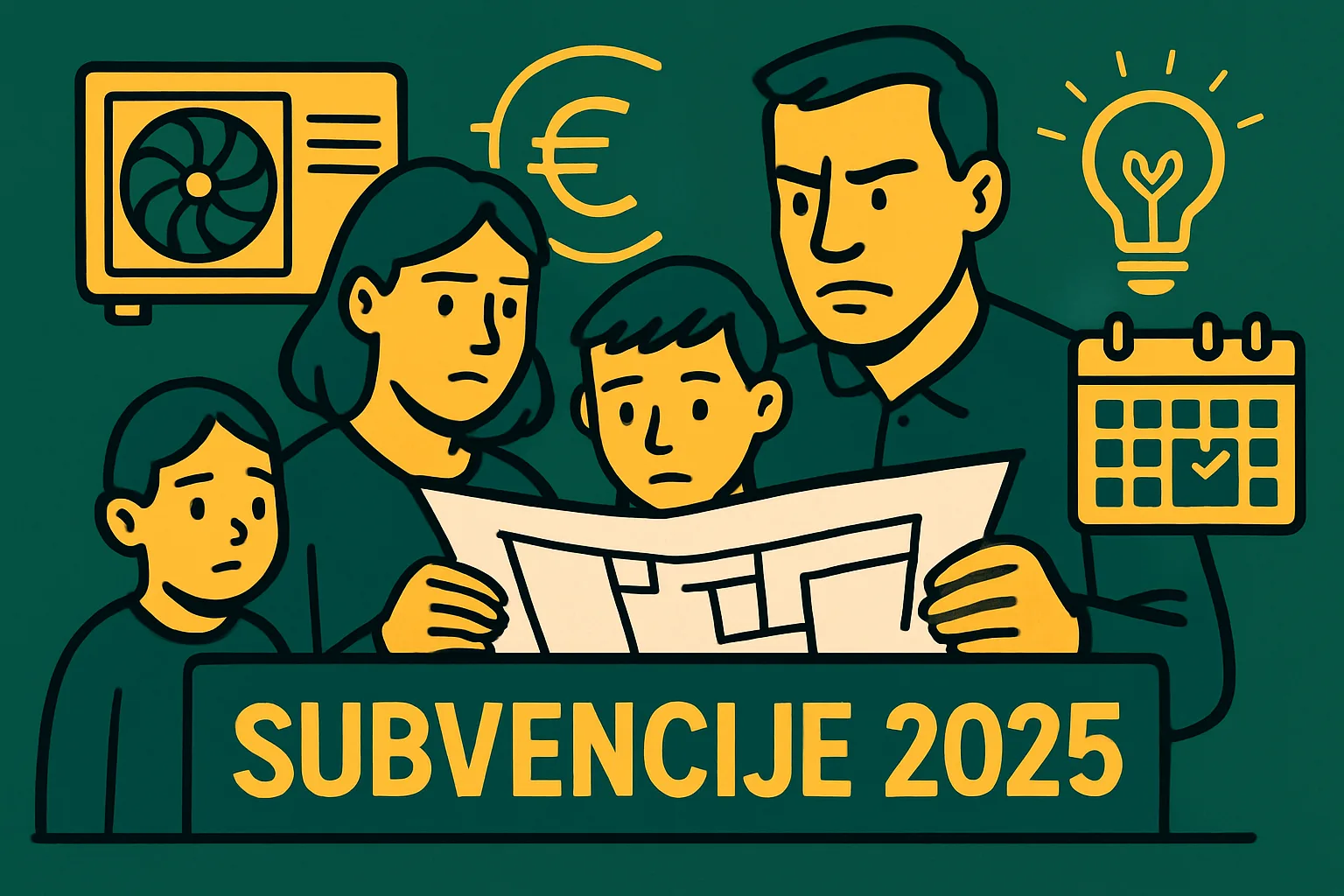 Ilustracija zaskrbljene družine, ki preučuje dokumente o subvencijah za toplotne črpalke 2025, obkrožena z ikoni denarja, koledarja in ideje.
