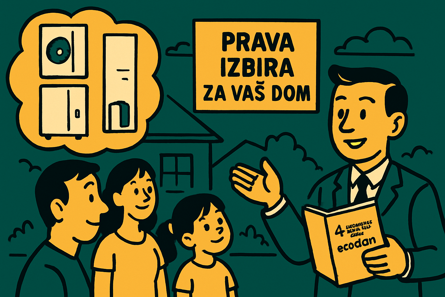 Ilustracija družine, ki posluša predstavnika z znakom "Prava izbira za vaš dom" in knjigo o Mitsubishi Electric Ecodan toplotnih črpalkah.