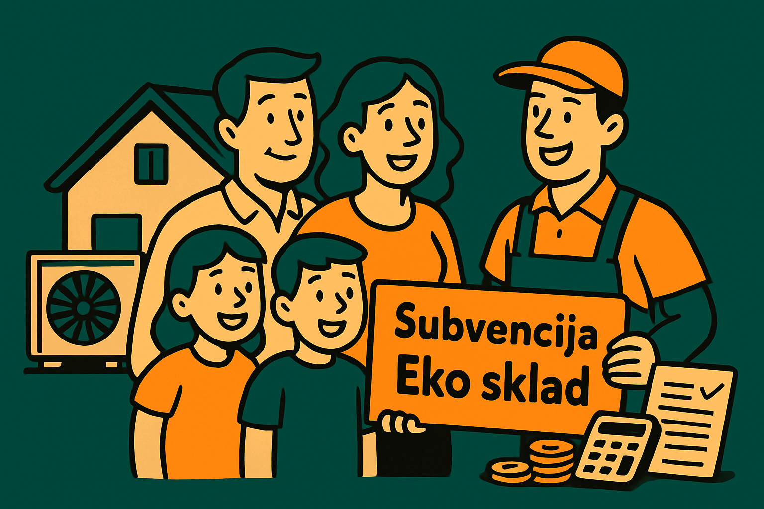 Subvencija eko sklad Družina z monterjem toplotne črpalke prejme subvencijo Eko sklada za montažo in znižanje stroškov ogrevanja.