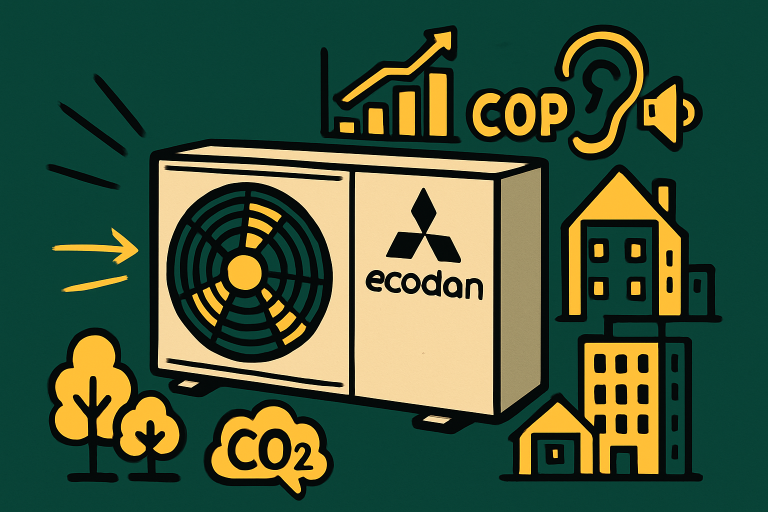 Ilustracija toplotne črpalke Ecodan z grafikoni učinkovitosti (COP), zmanjšanjem CO2, hišami, drevesi in zvočnikom, simbolizira energetsko učinkovitost in primerjavo modelov v letu 2025.