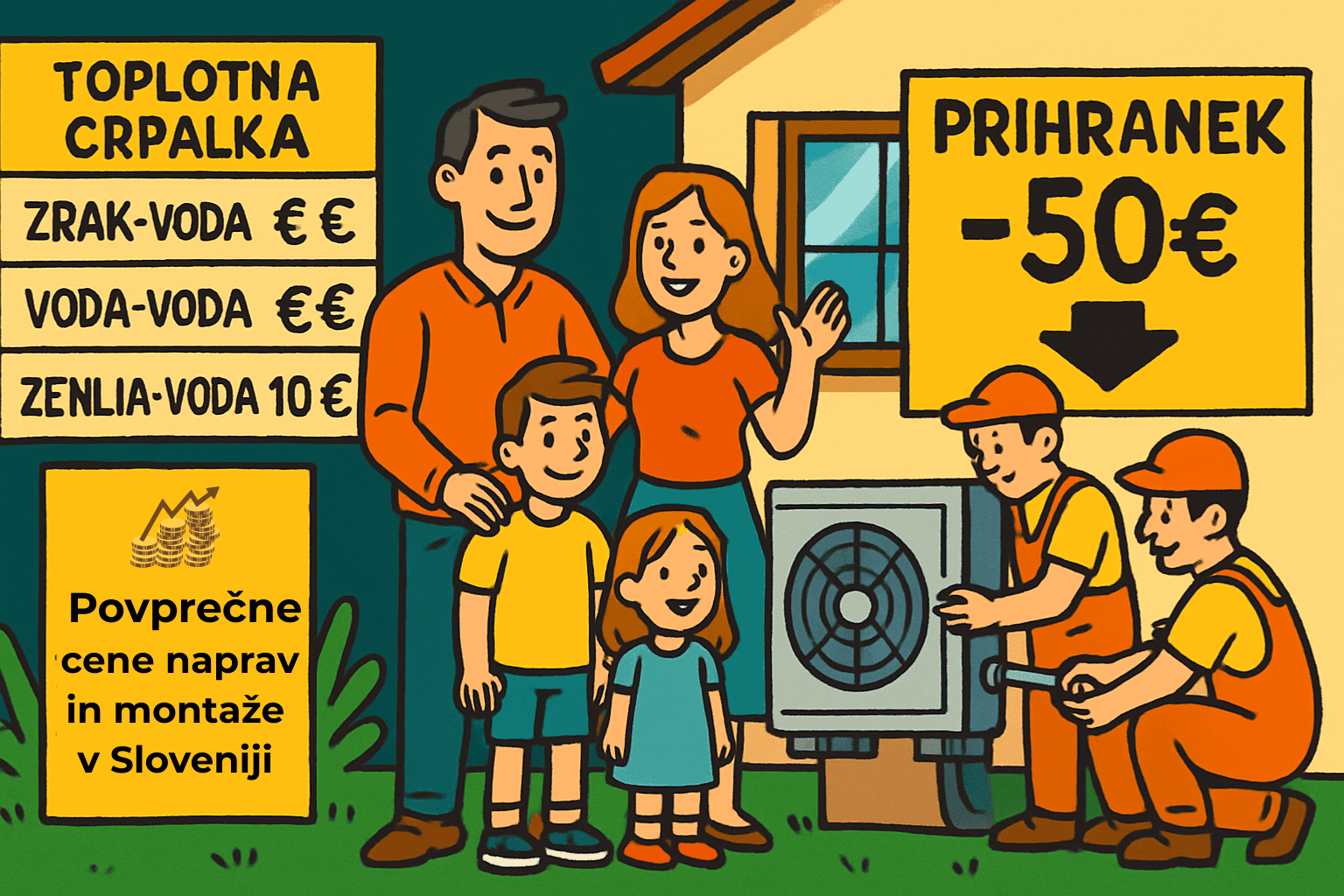 Družina z veseljem gleda monterje, ki nameščajo toplotno črpalko, ob tem pa je prikazana primerjava cen sistemov zrak-voda, voda-voda in zemlja-voda ter prihranek pri stroških.