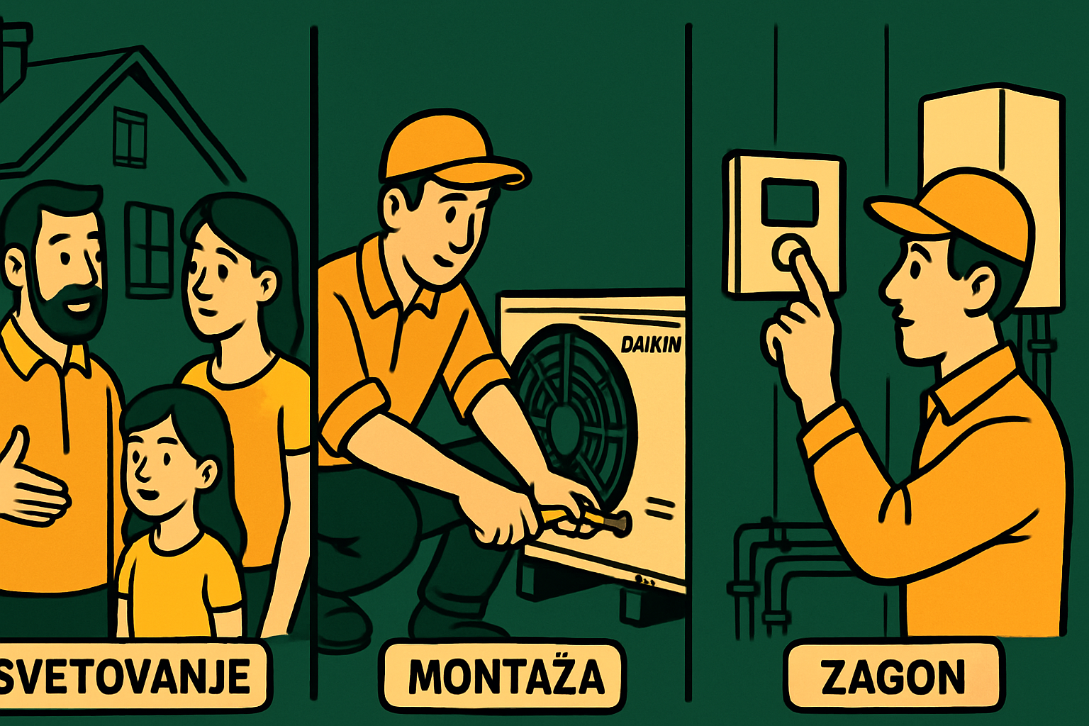 Ilustracija procesa z Daikin toplotno črpalko: svetovanje družini, montaža s strani tehnika in zagon sistema z upravljalnikom.
