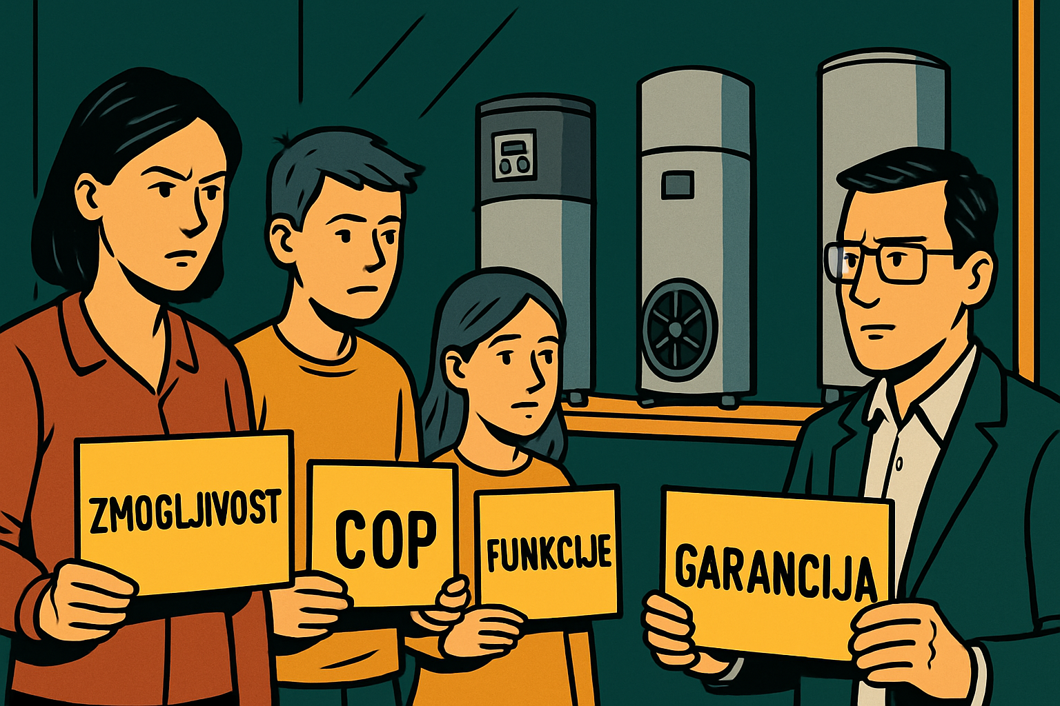 Ilustracija ljudi, ki držijo znake z besedami zmogljivost, COP, funkcionalnost in garancija, pred napravami toplotnih črpalk za sanitarno vodo.