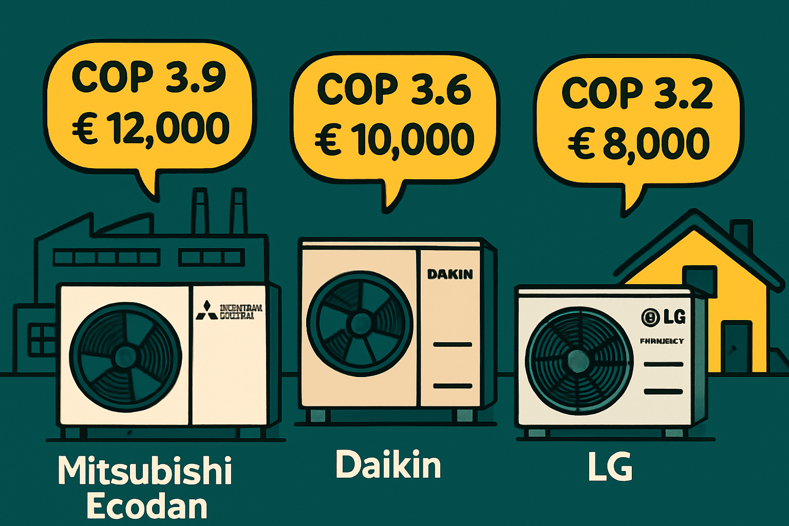 Primerjava treh toplotnih črpalk z COP metriko, prikazana z grafikoni in specifikacijami, vključno z učinkovitostjo in zmogljivostjo, aktualno 12.8.2025.