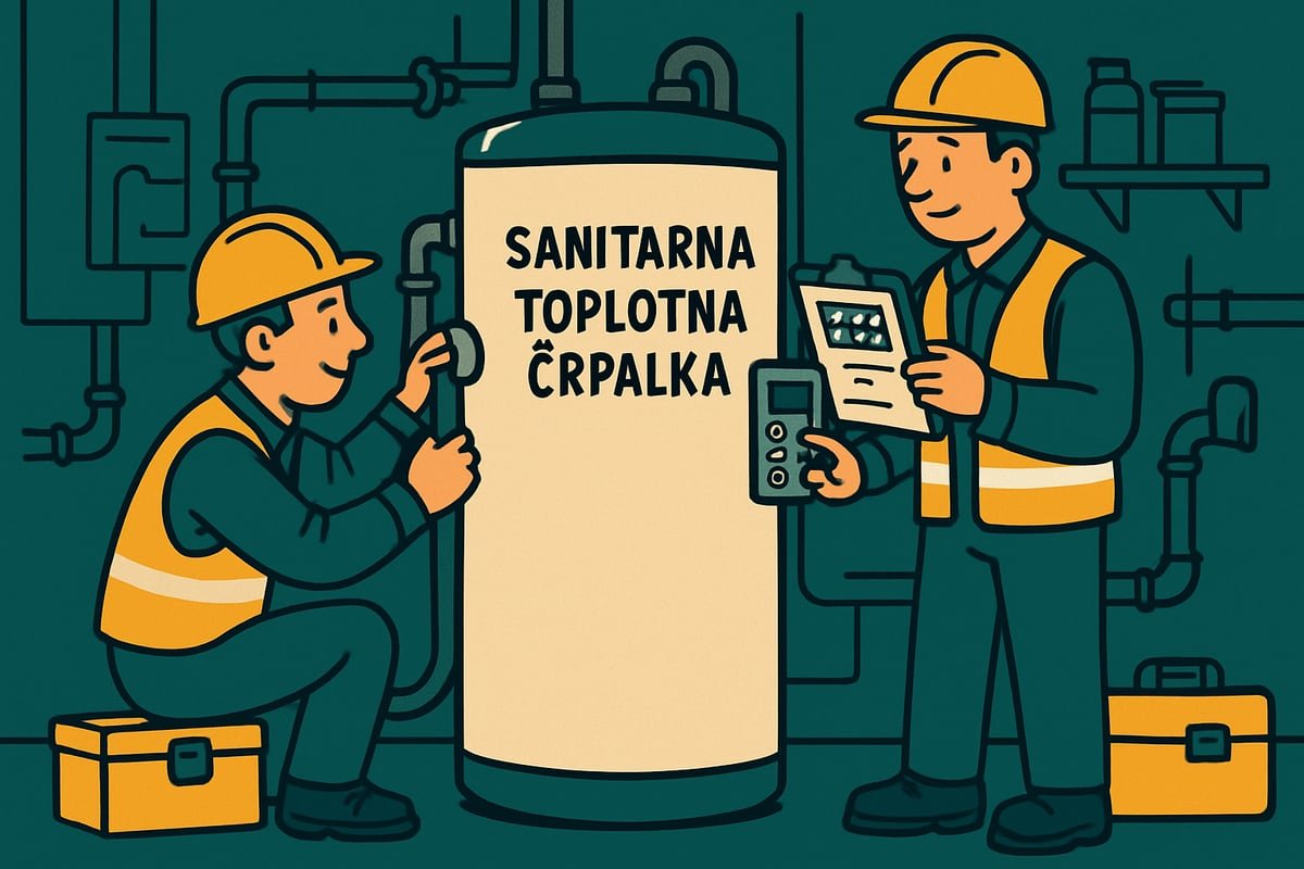Montaža in pregled sanitarne toplotne črpalke Serviserja izvajata montažo in pregled sanitarne toplotne črpalke v kotlovnici.