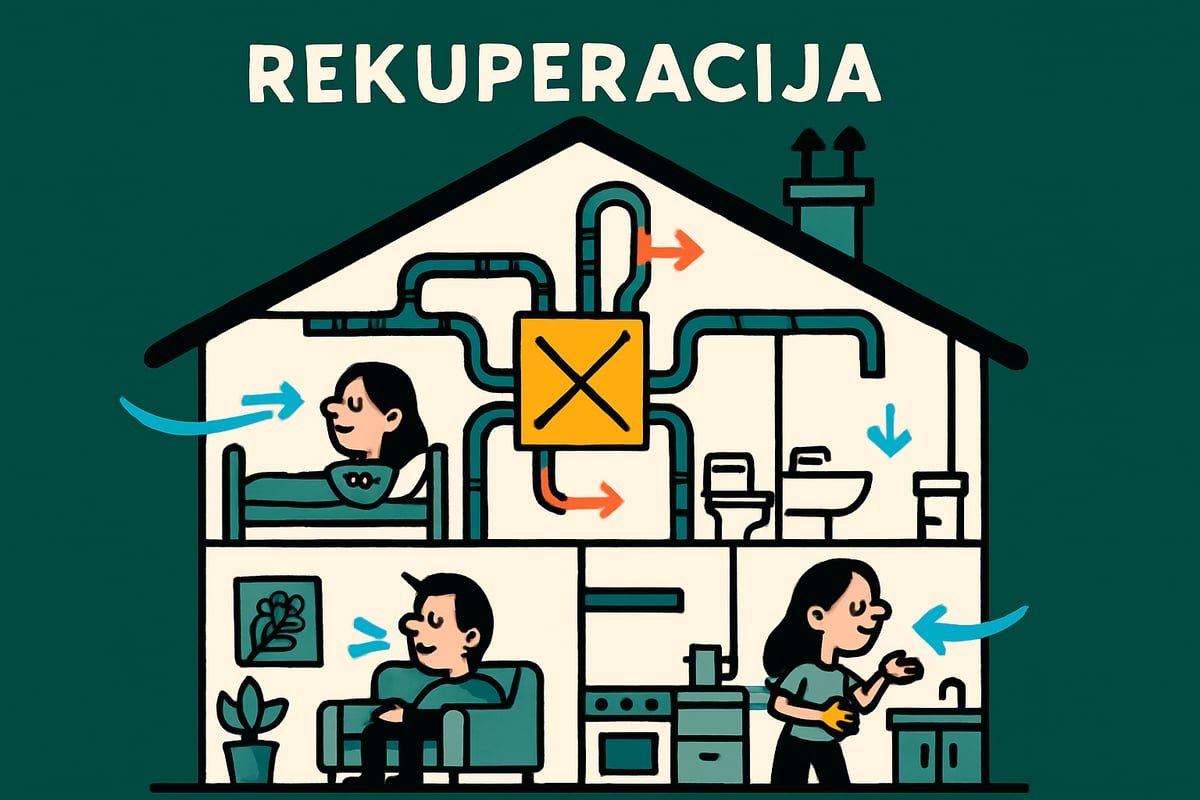 Shema centralne rekuperacije Shema centralne rekuperacije zraka v hiši, ki prikazuje dovod svežega zraka in odvod toplega odpadnega zraka.