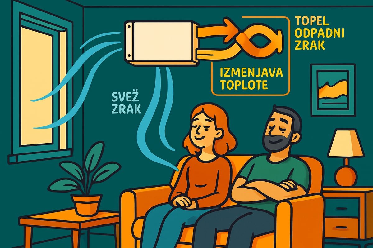 Par uživa v svežem zraku doma z rekuperatorjem, ki vrača toploto iz odpadnega zraka preko izmenjevalca toplote.