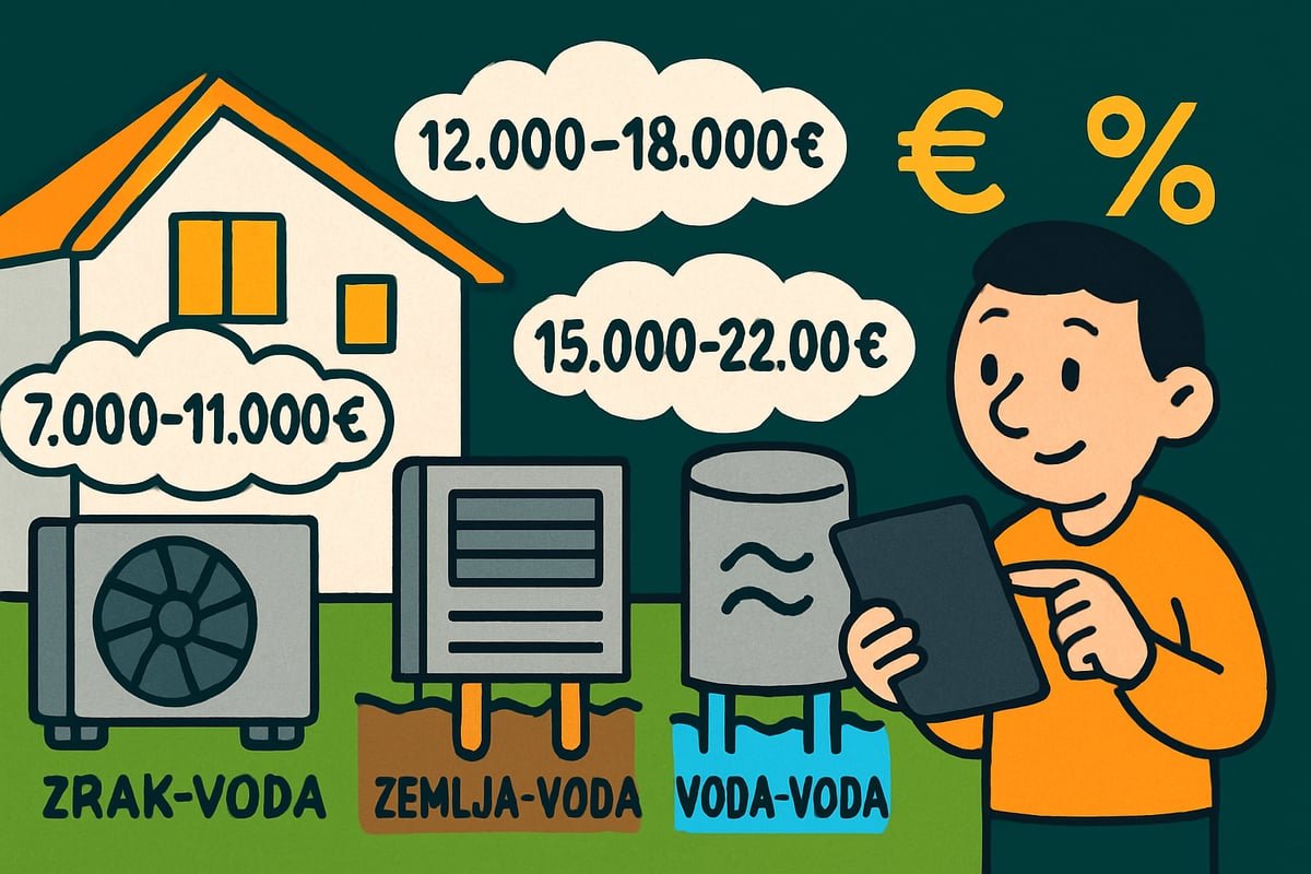 Primerjava cen toplotnih črpalk: zrak-voda (7.000–11.000 €), zemlja-voda (12.000–18.000 €) in voda-voda (15.000–22.000 €).