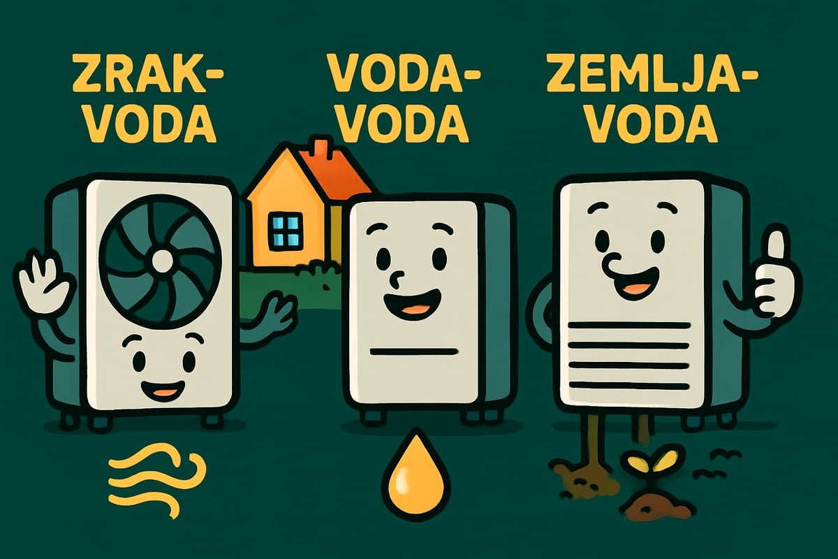 Ilustracija treh vrst toplotnih črpalk – zrak-voda, voda-voda in zemlja-voda, z nasmejanimi obrazi in simboli vira energije.