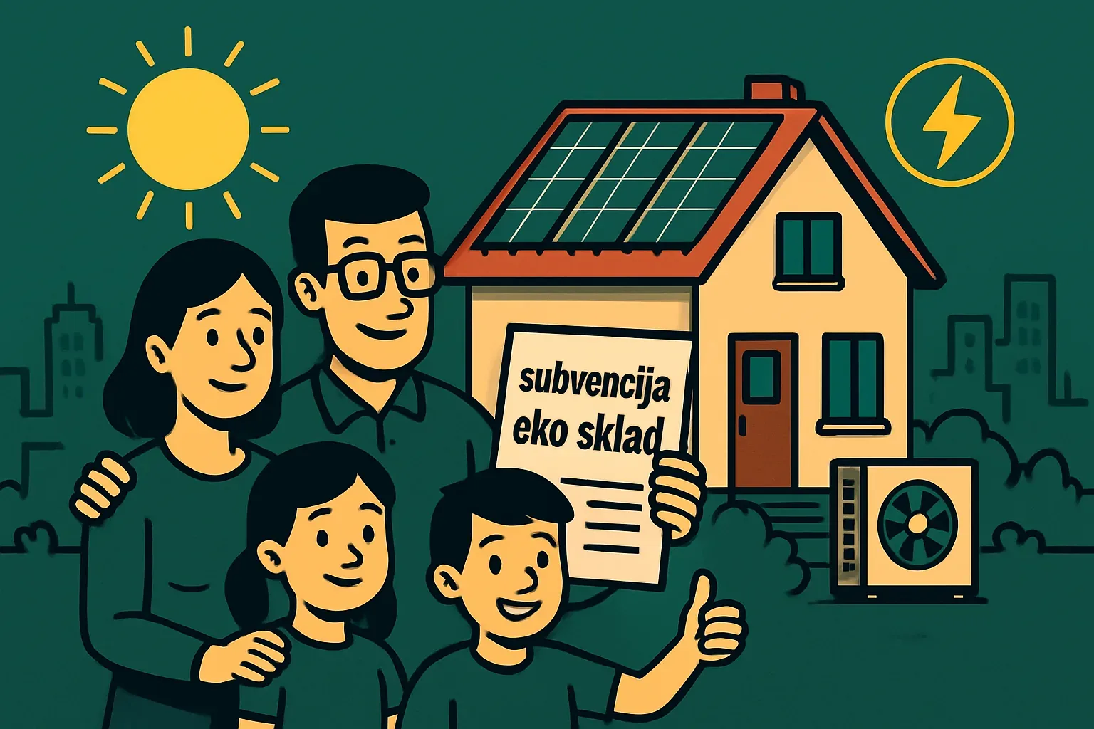 Subvencija Eko sklad: družina z dokumentom pred hišo s sončnimi paneli in toplotno črpalko