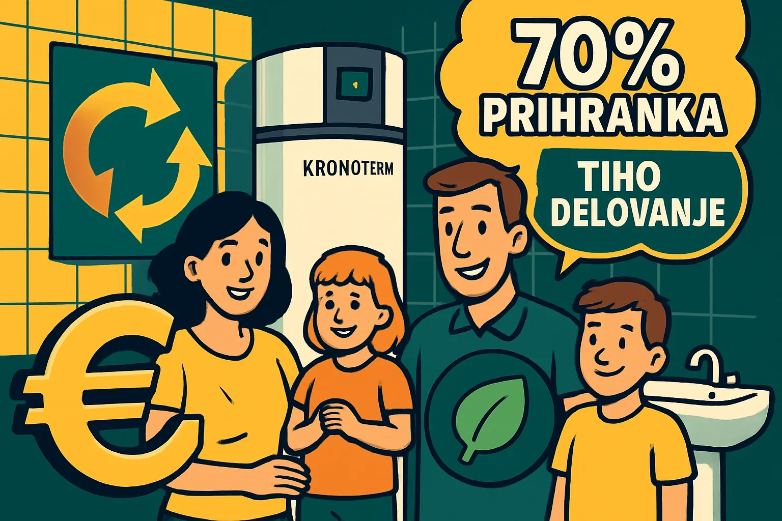 Kronoterm toplotna črpalka za sanitarno vodo v kopalnici, ob njej vesela družina