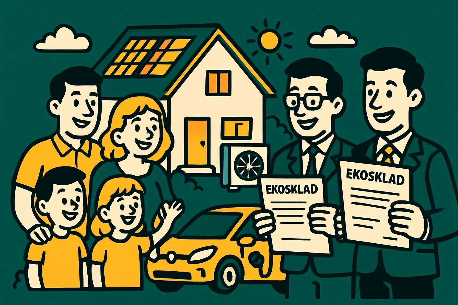 Eko sklad subvencija: družina pred hišo s sončnimi paneli in toplotno črpalko z vlogo za Eko sklad