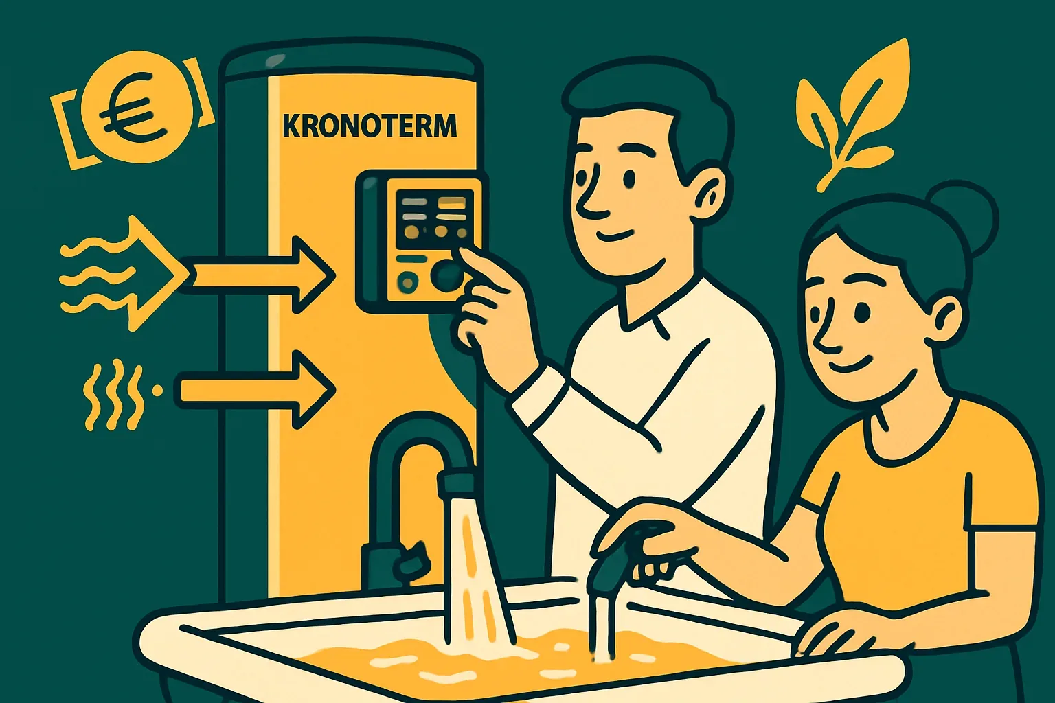Kronoterm toplotna črpalka za sanitarno vodo: družina ob pipi s toplo vodo in grelnikom vode