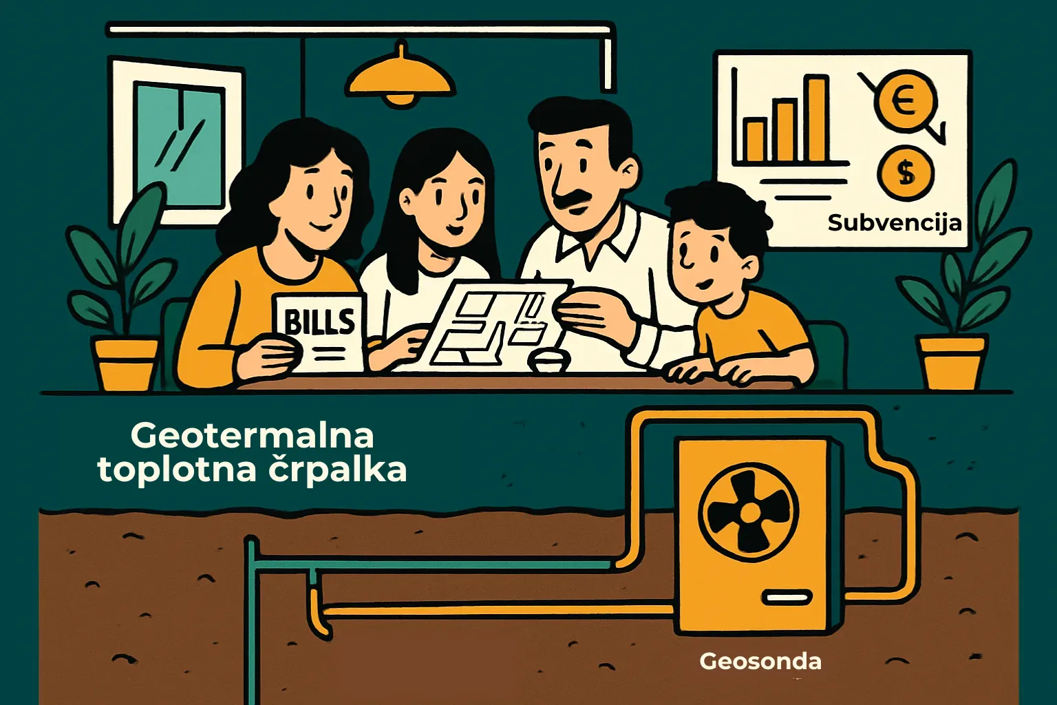 Geotermalna toplotna črpalka z geosondo: družina pregleduje račune in subvencijo za ogrevanje