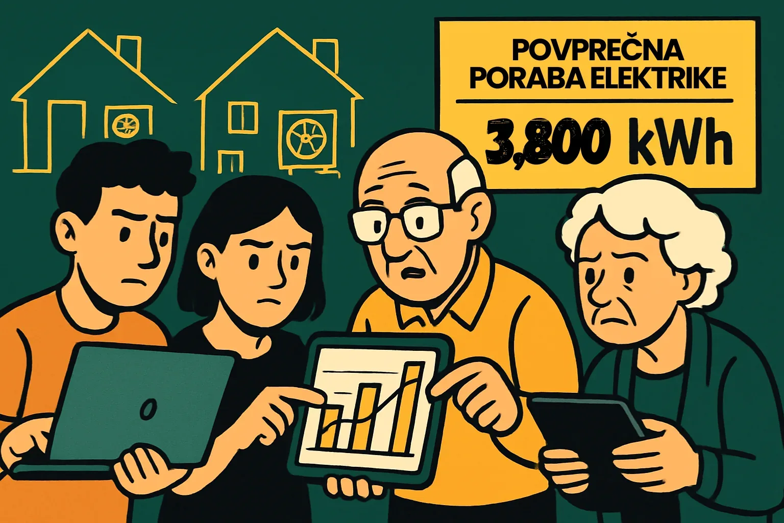 Toplotna črpalka poraba elektrike: družina na tablici pregleduje grafe letne porabe
