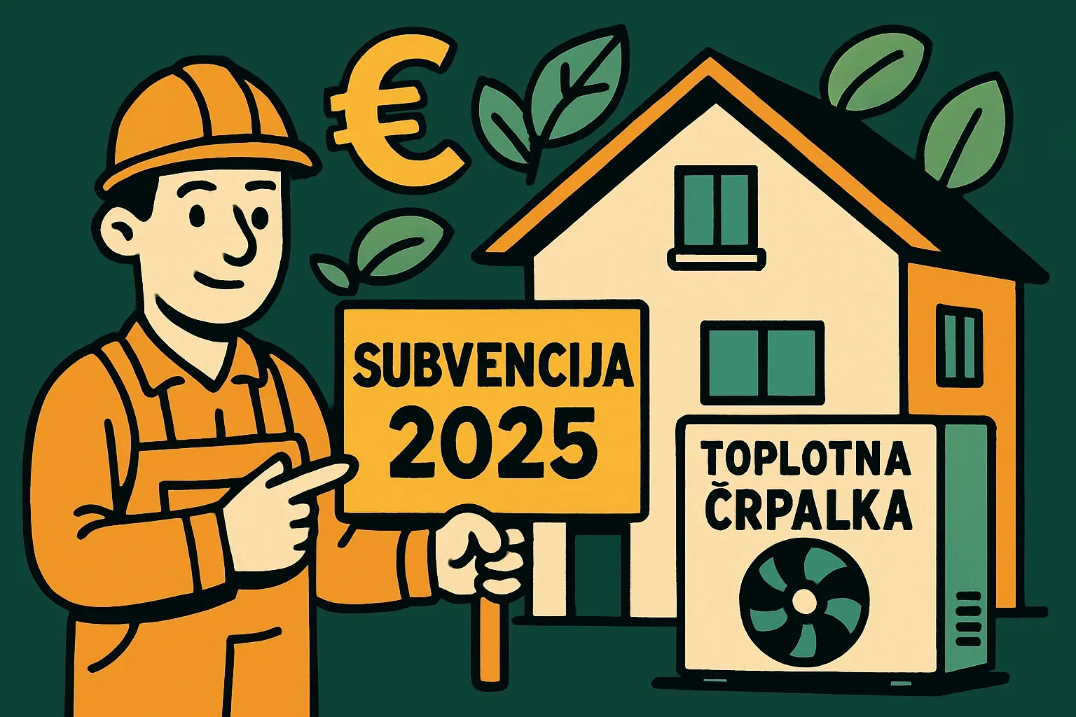 Subvencija za toplotno črpalko: delavec z napisom »Subvencija« pred hišo z zunanjo enoto