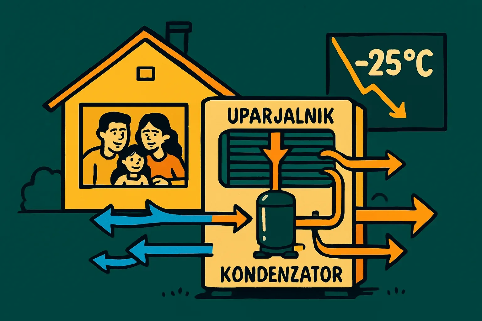 Toplotna črpalka zrak-voda: shema z uparjalnikom in kondenzatorjem, ogrevanje hiše tudi pri −25 °C