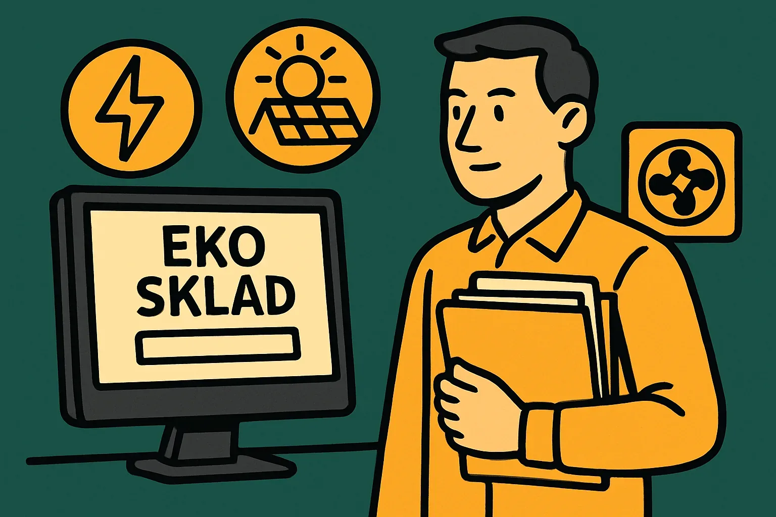 Subvencija Eko sklad: moški z dokumenti pred računalnikom pripravlja prijavo