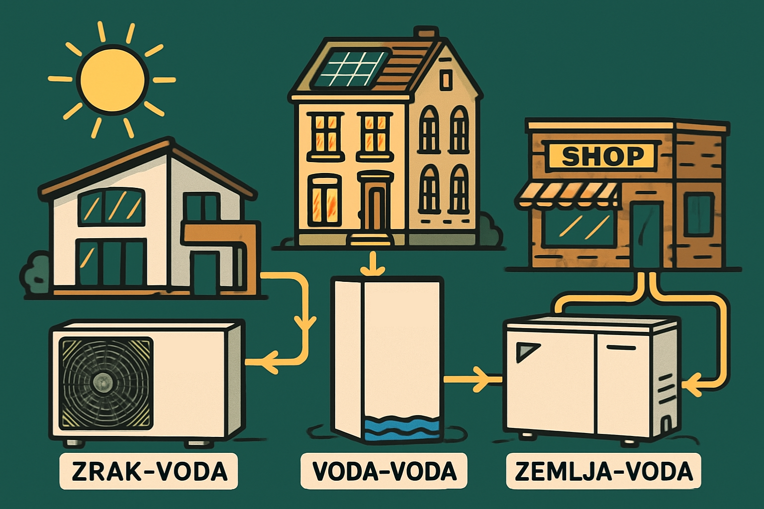 Ilustracija hiše s sončno elektrarno in trgovine, povezanih z Daikin toplotnimi črpalkami tipov zrak-voda, voda-voda in zemlja-voda, z soncem v ozadju.