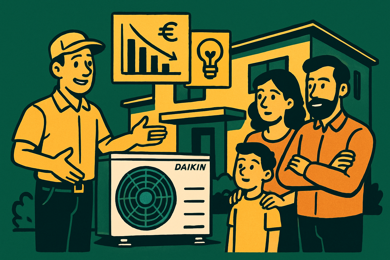 Ilustracija prodajalca, ki predstavlja Daikin toplotno črpalko družini pred hišo, z grafi znižanja stroškov in idejo za energetsko učinkovitost.