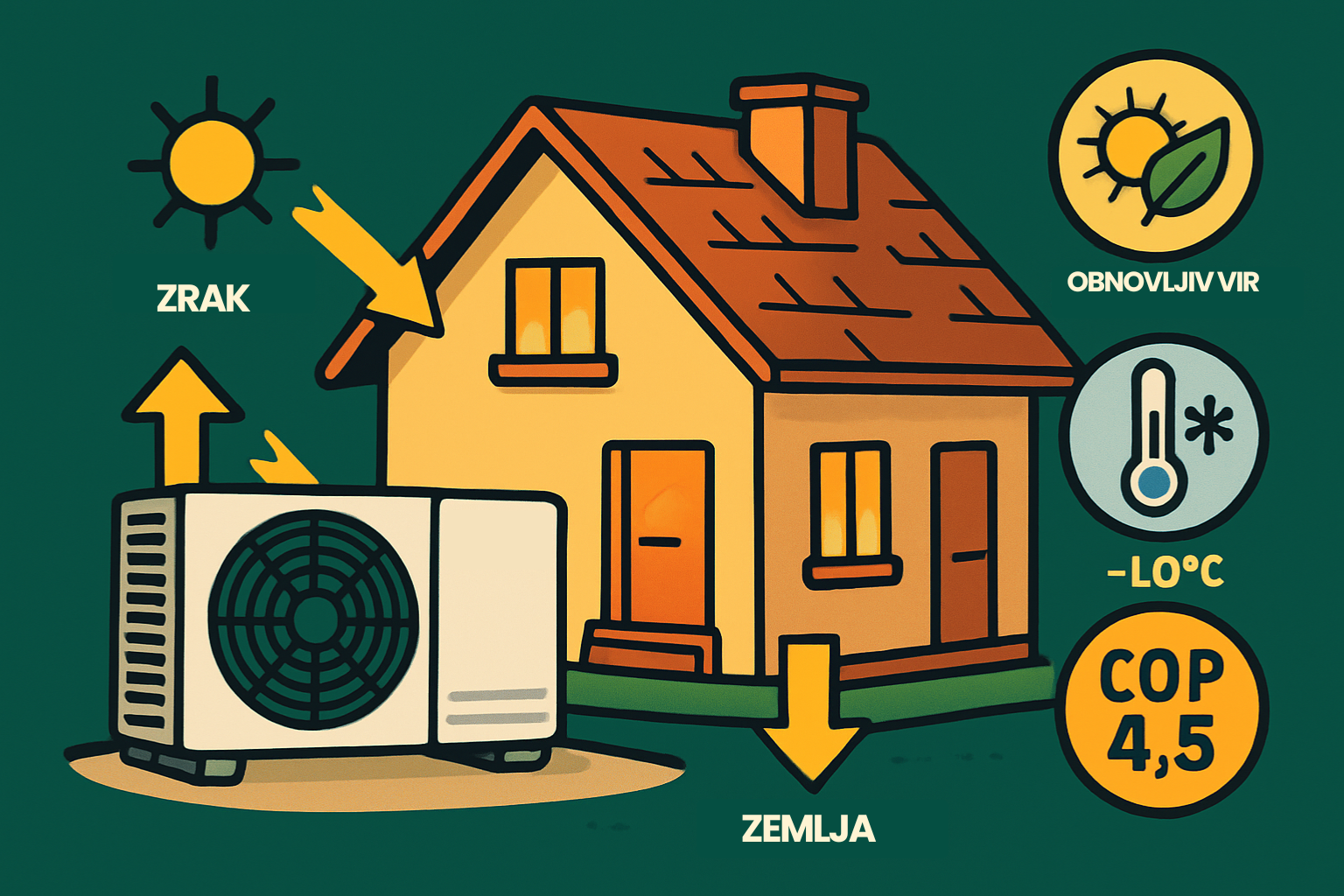 Ilustracija hiše z nameščeno Daikin toplotno črpalko, ki črpa toploto iz zraka in zemlje, z ikonami za obnovljive vire, nizke temperature do -10°C in COP 4,5.