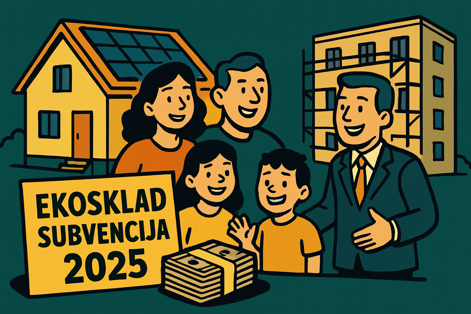 Srečna družina z otroki in prodajalcem slavi subvencijo Eko sklad za namestitev energetsko učinkovite toplotne črpalke leta 2025, z domom s sončnimi celicami, gradbenimi deli in skladom prihrankov v gotovini.