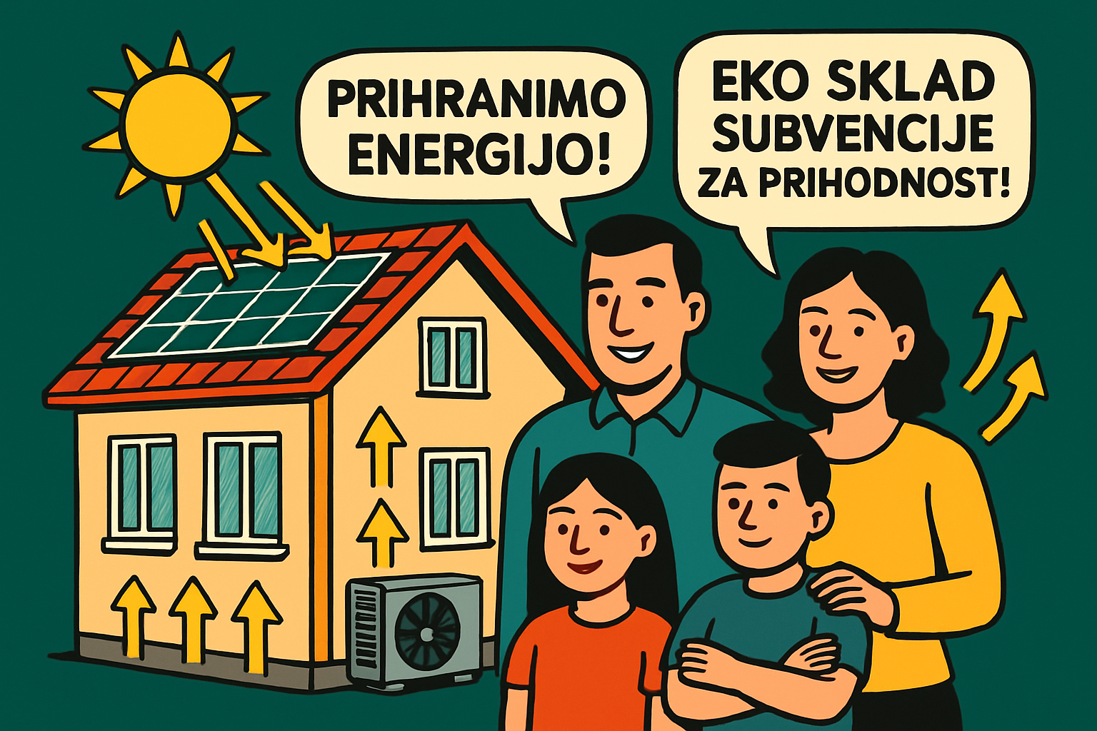 Srečna družina pred hišo z sončnimi paneli in toplotno črpalko, z napisi "Prihranimo energijo!" in "Eko sklad subvencije za prihodnost!".
