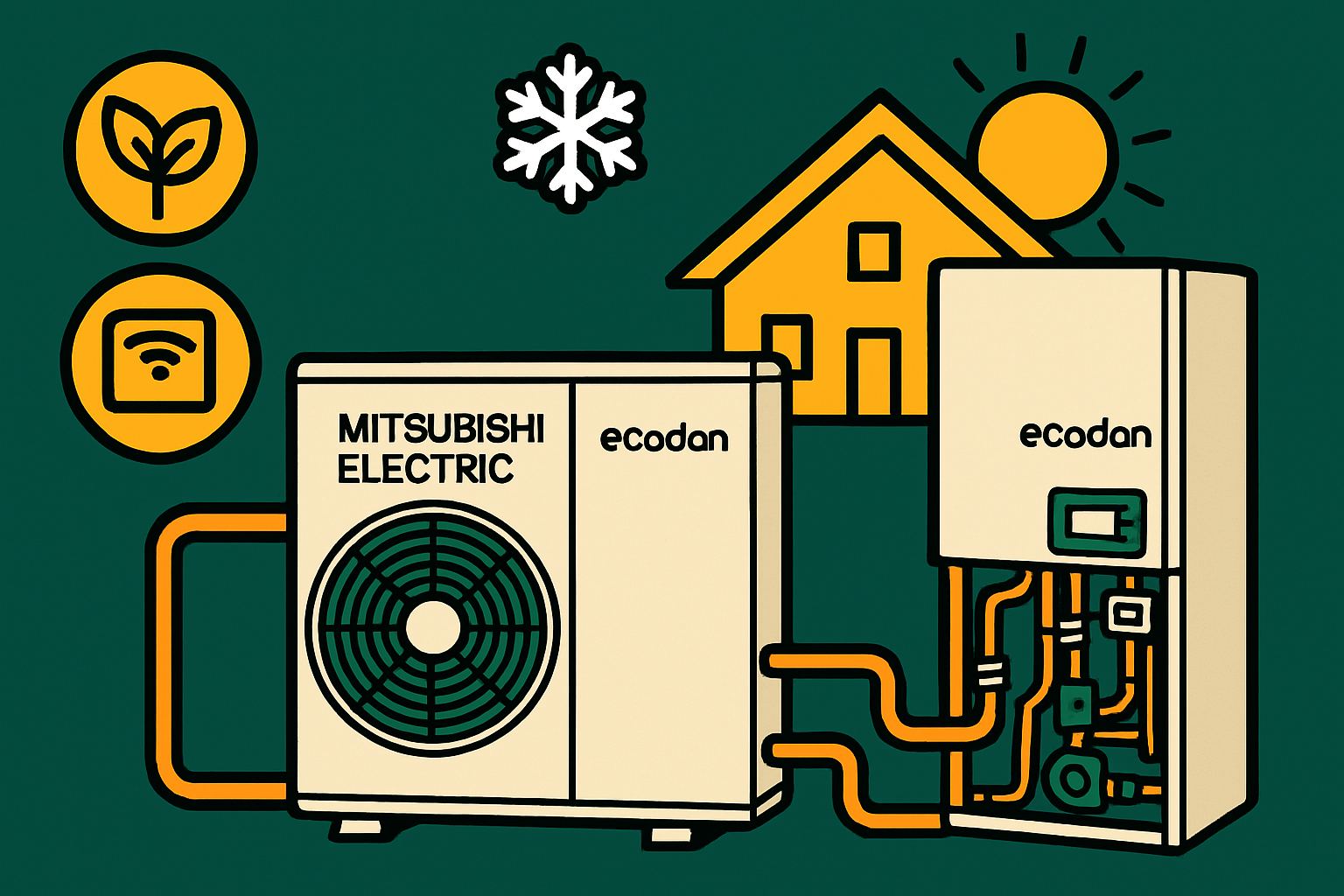 Ilustracija toplotne črpalke Mitsubishi Electric Ecodan znotraj hiše, z ikonicami za okolju prijaznost, Wi-Fi, ogrevanje in hlajenje, ter soncem, simbolizira energetsko učinkovitost v letu 2025.