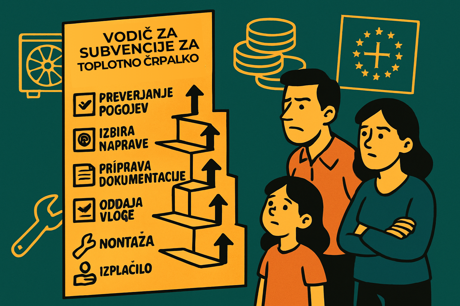 Ilustracija družine, ki pregleduje vodnik za subvencije za toplotno črpalko z koraki: preverjanje pogojev, izbira naprave, priprava dokumentacije, oddaja vloge, montaža in izplačilo, z evropsko zastavo in denarjem v ozadju, aktualno 12.8.2025.