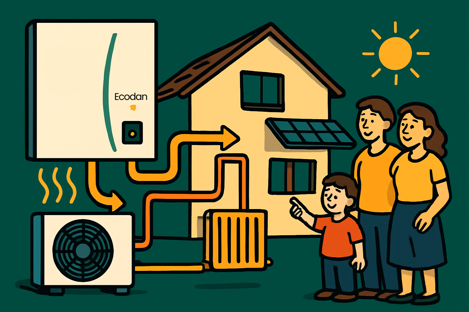 Ilustracija hiše z nameščeno Mitsubishi Electric Ecodan toplotno črpalko, ki deluje z zrakom, v ozadju pa sonce in ikona nizkih temperatur.