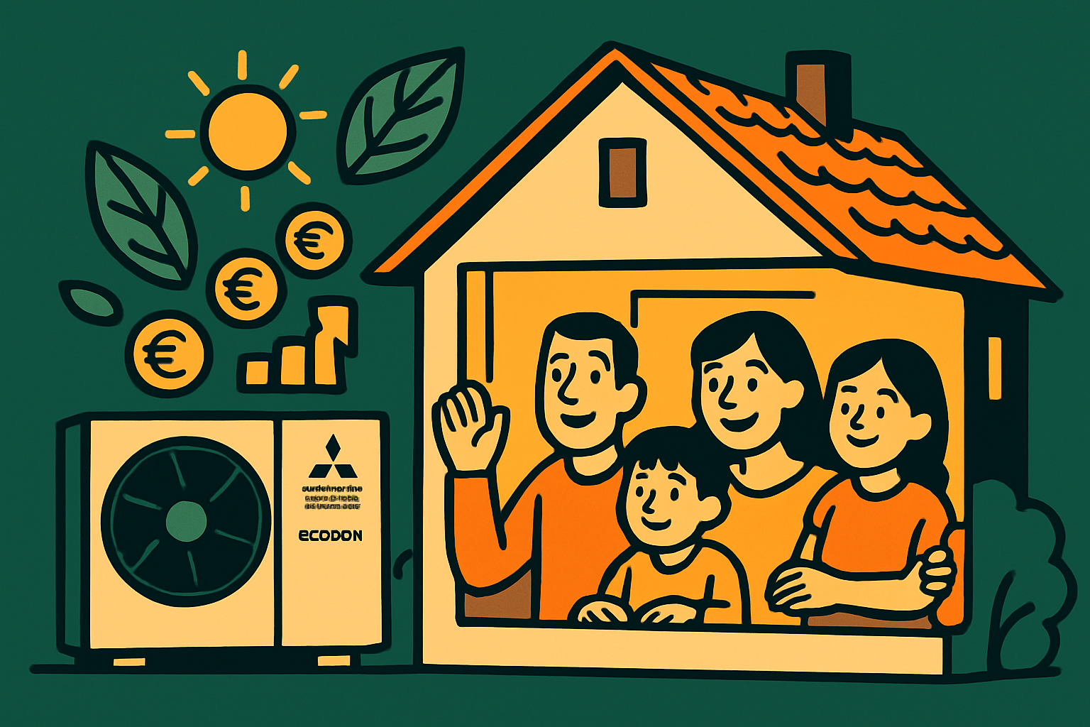 Ilustracija srečne družine pred hišo z Mitsubishi Electric Ecodan toplotno črpalko, soncem, listi in evri v ozadju.