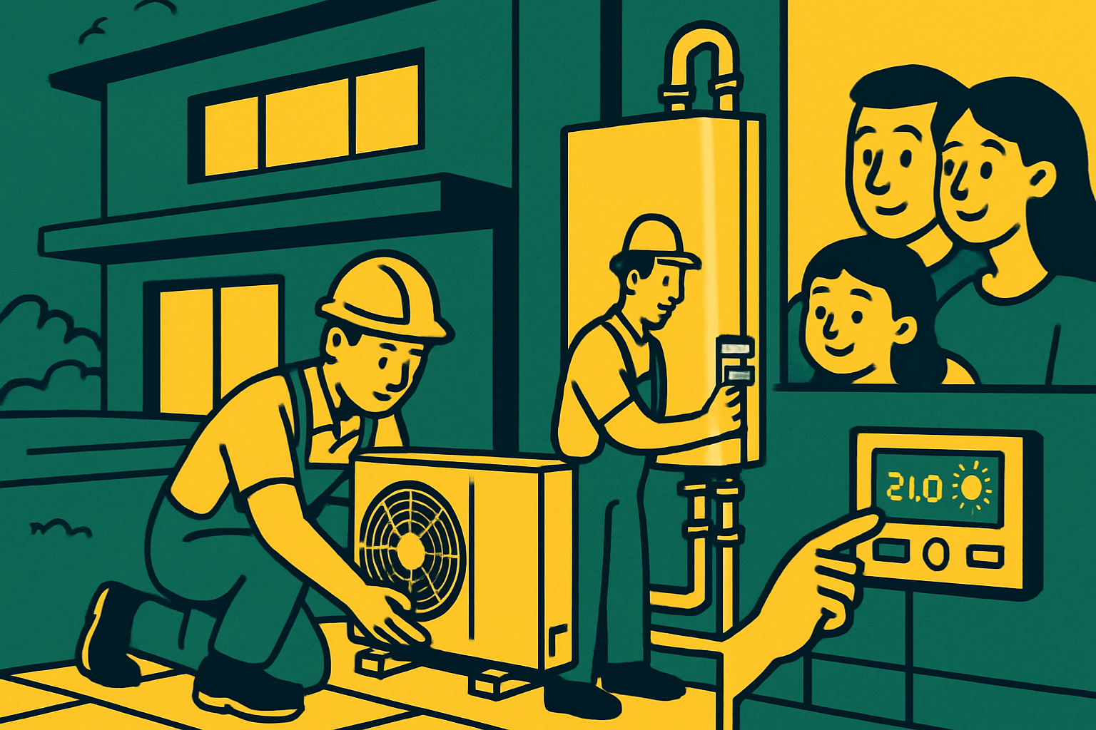 Ilustracija monterjev, ki nameščajo Mitsubishi Electric Ecodan toplotno črpalko pred hišo, medtem ko družina nastavlja temperaturo na termostatu.