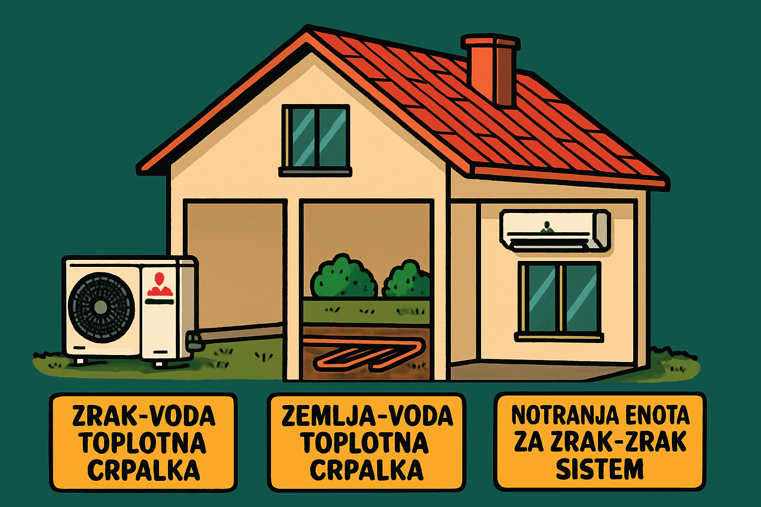Alt text: Ilustracija hiše z nameščeno Mitsubishi toplotno črpalko, ki prikazuje tri vrste sistemov: zrak-voda, zemlja-voda toplotna črpalka in notranja enota za zrak-zrak sistem.