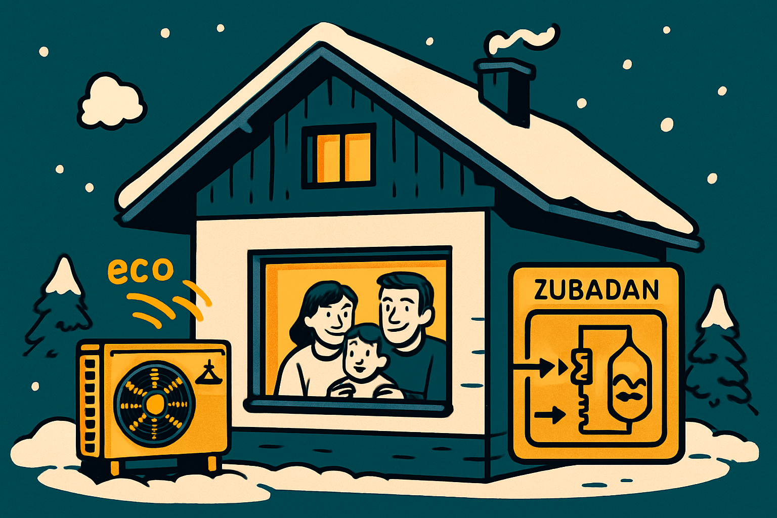 Ilustracija družine, ki gleda skozi okno zasnežene hiše, ob kateri je nameščena Mitsubishi toplotna črpalka z oznako "eco" in diagram "ZUBADAN" za učinkovito ogrevanje.