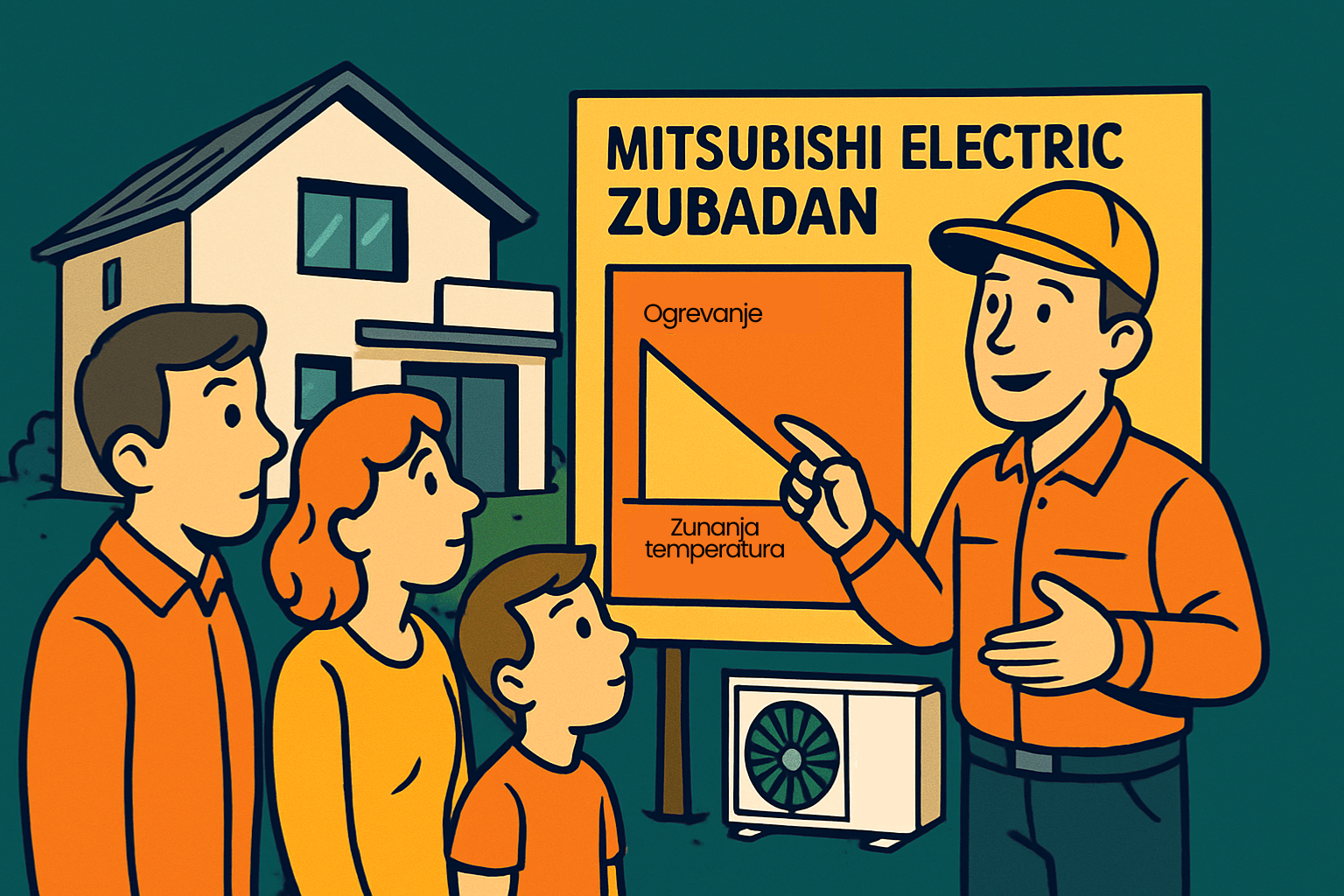 Ilustracija družine, ki posluša predstavitev Mitsubishi Electric Zubadan toplotne črpalke s tehnikom pred hišo in grafom zunanje temperature.