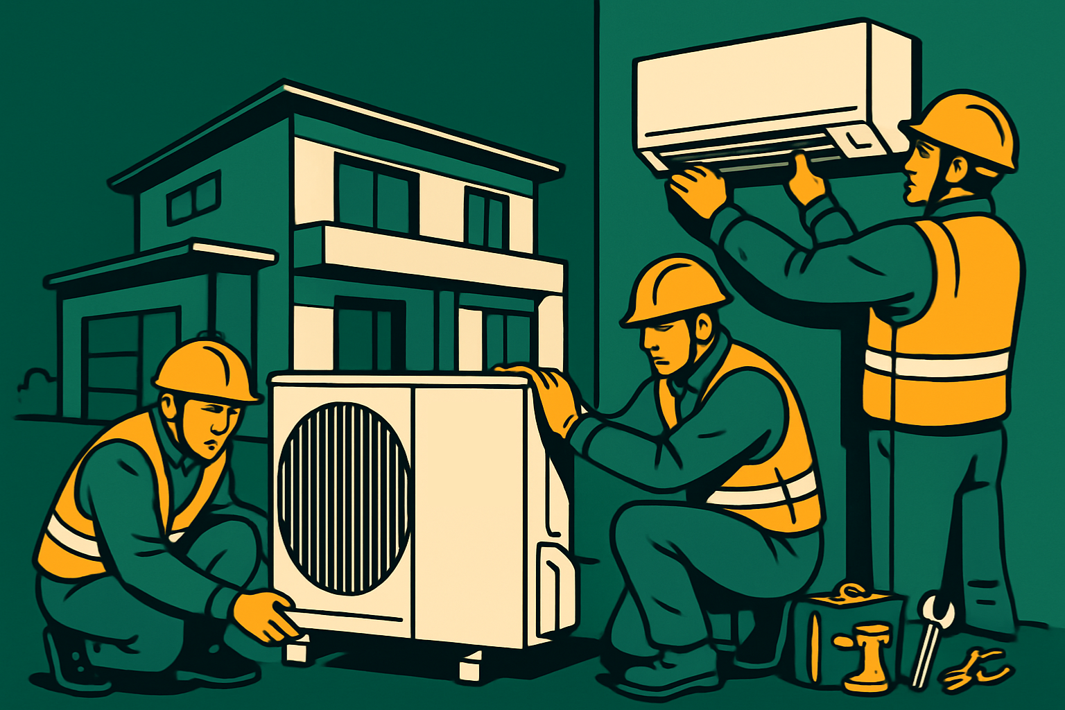 Ilustracija treh delavcev, ki nameščajo Mitsubishi Electric Zubadan toplotno črpalko pred moderno hišo z orodjem v bližini.