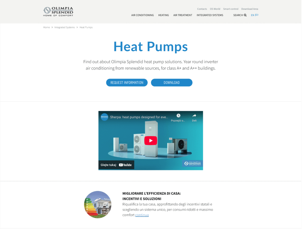 Spletna stran Olympia Splendid z naslovom "Heat Pumps", ki prikazuje informacije o toplotnih črpalkah, videoposnetek in možnosti za prenos ter zahtevo za informacije.