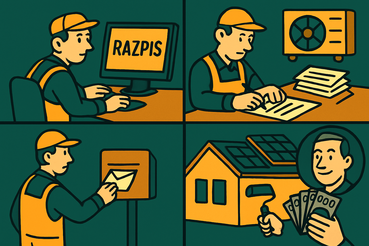 Ilustracija delavca, ki opravlja razpis za toplotno črpalko na računalniku, pripravlja dokumente, dostavlja pismo, vgradi sončno ploščo na hišo in prejme plačilo, simbolizira postopek subvencij v letu 2025.