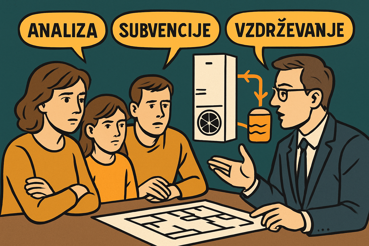 Ilustracija družine, ki posluša svetovalca o vzdrževanju toplotne črpalke: mama, oče in otrok v oranžnih majicah sedijo za mizo z načrtom, medtem ko svetovalec v obleki razloži analizo, subvencije in vzdrževanje, obkrožen z modelom toplotne črpalke.