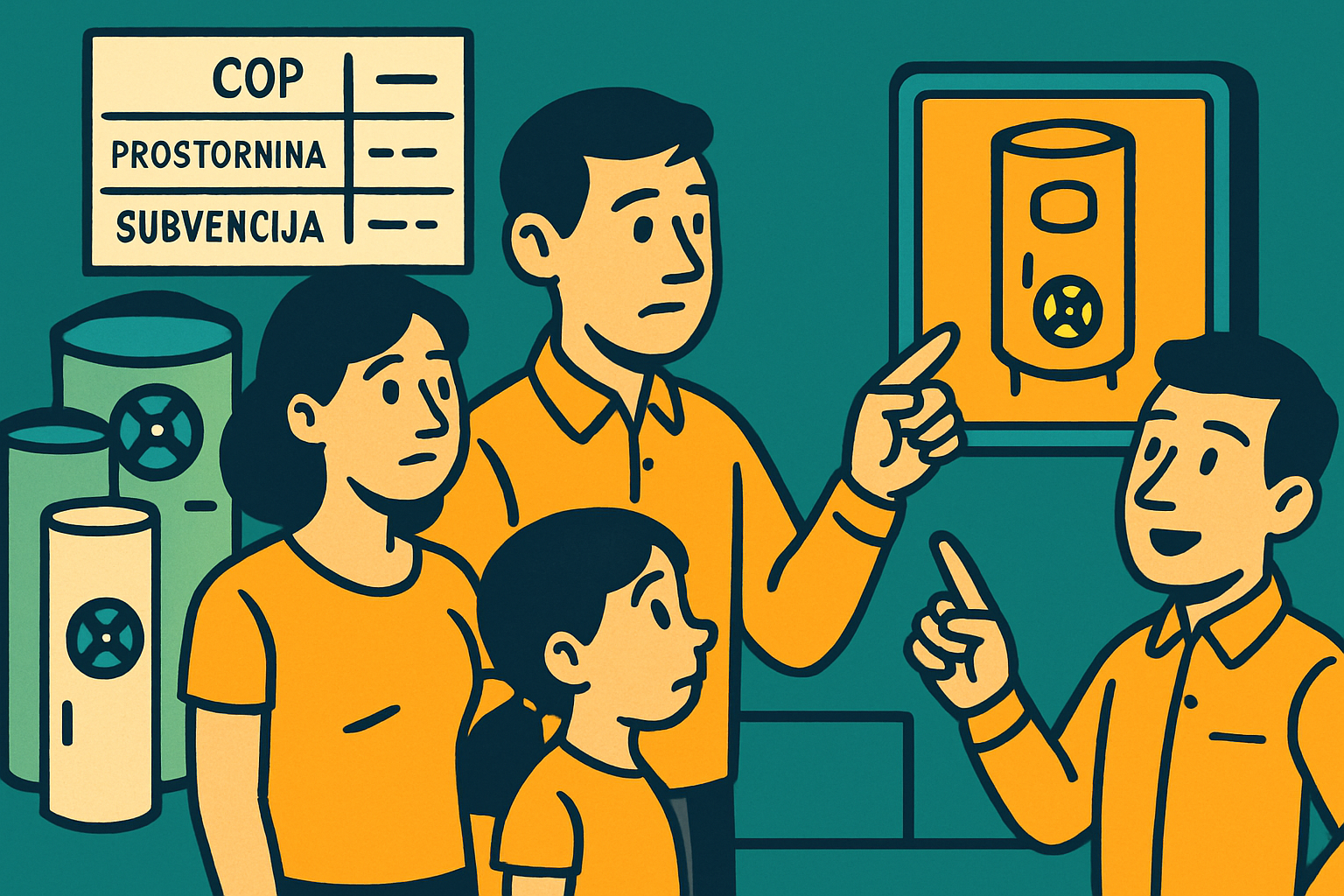 Ilustracija družine, ki posluša predstavitev o sanitarna toplotna črpalka: oče v oranžni majici kaže na plakat z napisi "COP", "Prostornina" in "Subvencija" ter na model toplotne črpalke v ozadju, obkrožena z zelenimi rezervoarji za vodo.