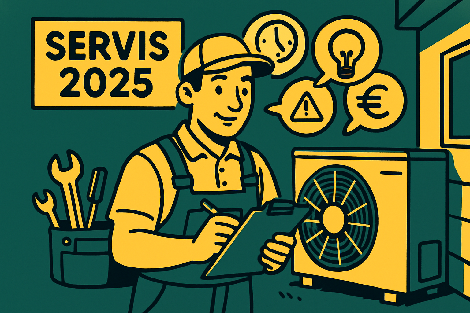 Ilustracija serviserja, ki pregleduje toplotno črpalko leta 2025: delavec v delovni obleki z orodjem in seznamom, obkrožen z ikonicami časa, opozorila, ideje in evrov, pred zunanjo enoto črpalke.