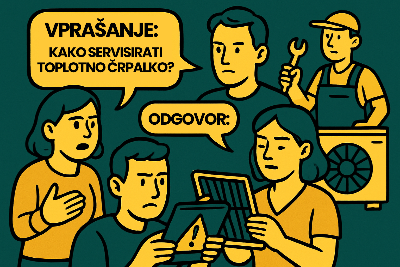 Ilustracija skupine ljudi, ki razpravlja o vprašanju "Kako servisirati toplotno črpalko?" z odgovorom na tablici, obkrožena s serviserjem z orodjem in zunanjo enoto toplotne črpalke, povezano s forumom za servis toplotne črpalke.